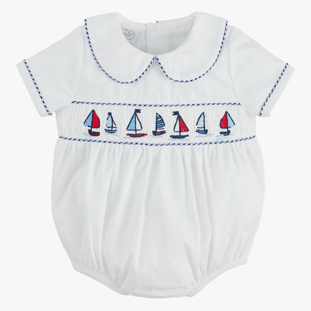 Mud Pie White Baby Romper with Sailboat Embroidery